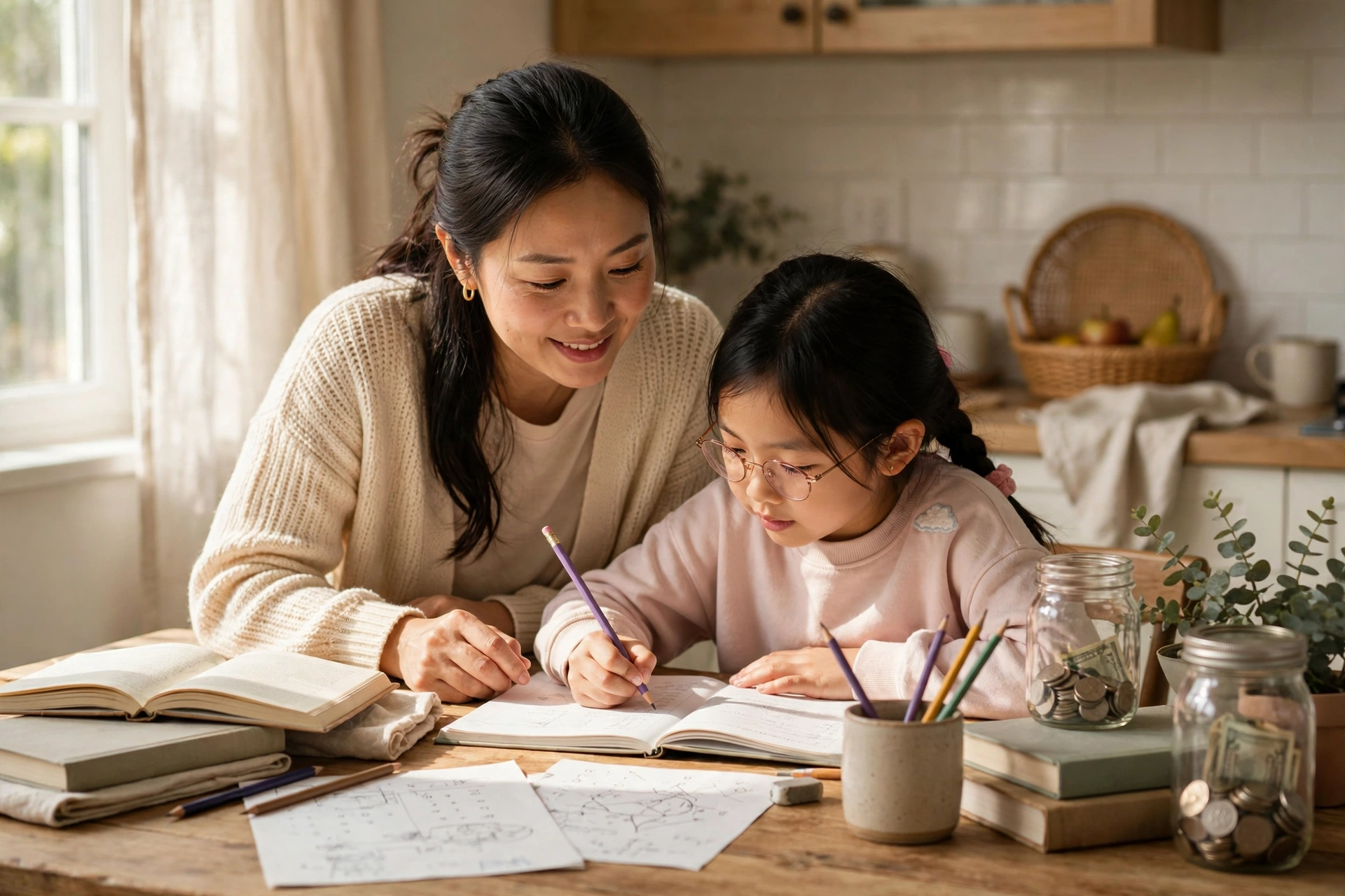 妈妈在餐桌旁陪女儿做功课，象征大学教育基金规划
