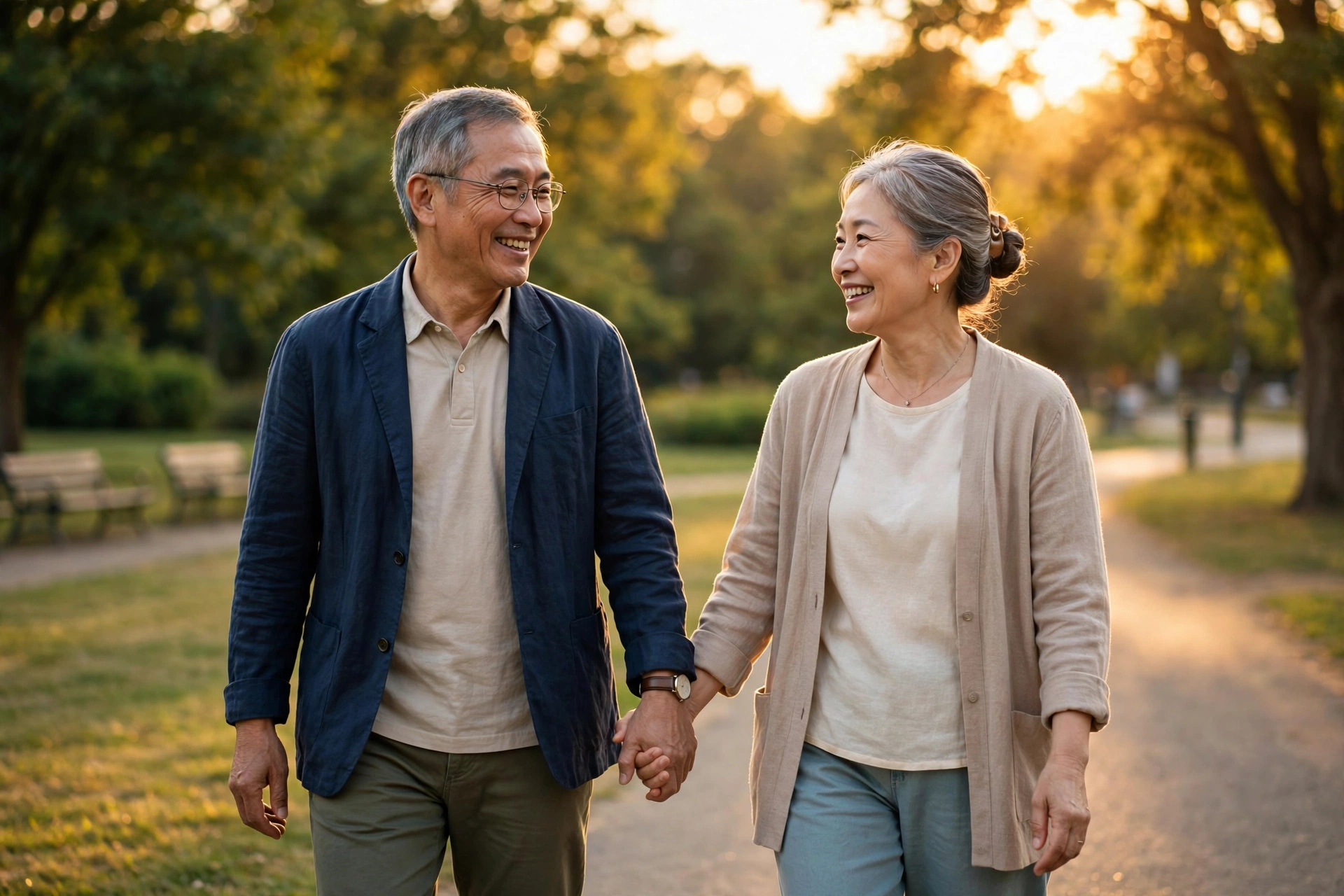 一对年长夫妇在阳光公园里牵手散步，享受退休生活